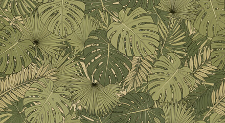 Tropical leaves pattern illustration with monstera and palm plants in a seamless design from a top view Whisk © Avra