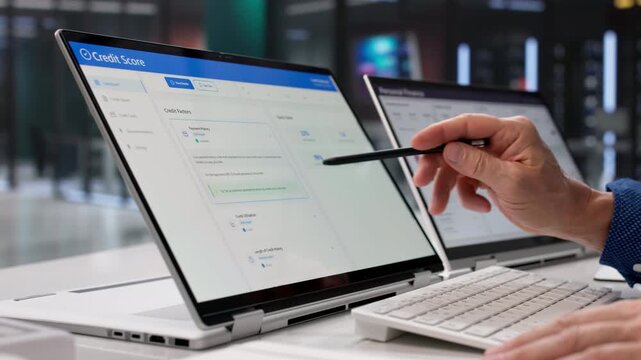 Businessman Analyzing Credit Score Online Using Laptop
