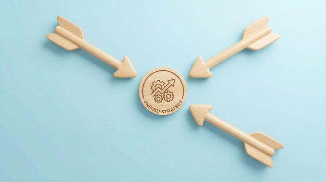 Wooden arrows converging on a unified strategy concept icon