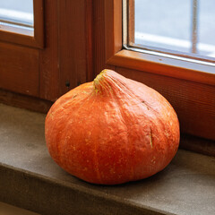Orange pumpkin close to the window in a little country village