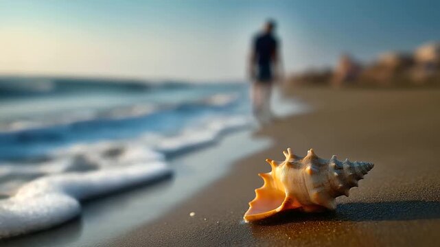 Sunlit beach scene featuring seashell in foreground, defocused person walking along shoreline, gentle waves lapping sand, coastal atmosphere, with copy space