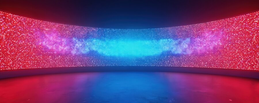 Curved large led screen shows abstract blue and pink light effects. Modern illuminated wall with glowing particle patterns. Digital background for concert or show stage.