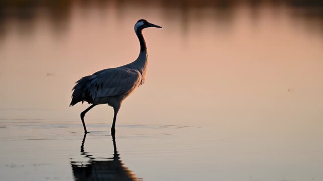 Common crane spreading wings in calm water at sunset