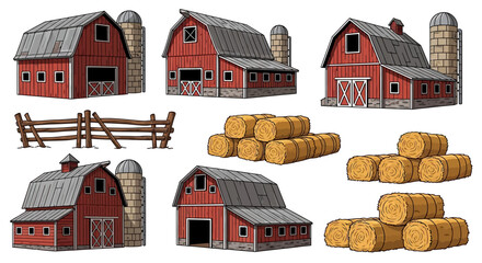 Rustic farm scene with red barns, silos, hay bales, and wooden fence illustrations © Avra