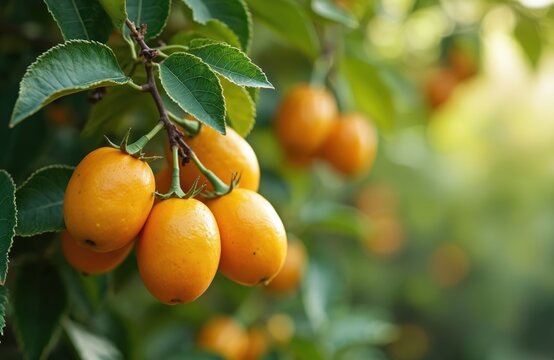 Ripe orange Tejocote fruits hang on green branches in sunlight. Small oval drupes grow in a lush garden, ready for harvest. Natural food source in a temperate climate.