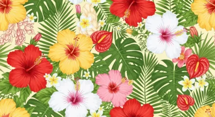 Fotobehang Tropische Bladeren Vibrant tropical floral pattern with lush green leaves and colorful hibiscus flowers  © Avra