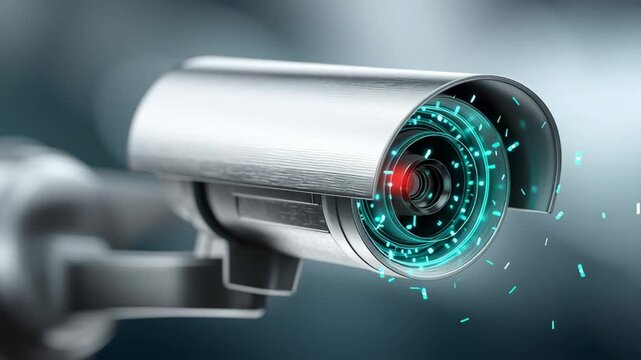 Security camera with metallic casing and illuminated lens captures visual data, showcasing a progressive view of the lens and surrounding elements in a modern setting