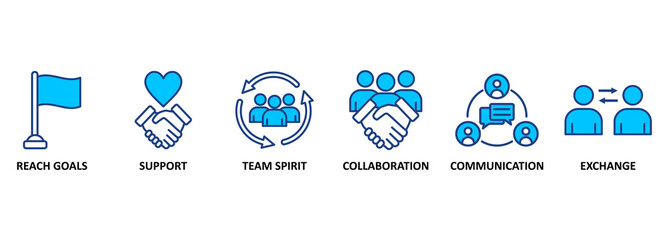 Fototapeta premium Banner working together concept contains such icons as collaboration, reach goals, team spirit, support, communication, and exchange. 