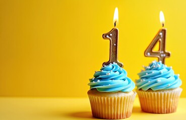 Fototapeta premium Two cupcakes with blue frosting and number candles show age 14. Golden candles with lit flames sit atop sweet desserts. Bright yellow background highlights festive dessert presentation for party.