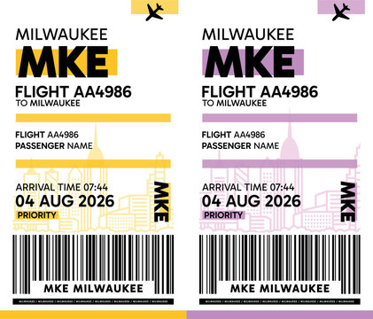MKE, Milwaukee, USA luggage label, boarding pass template. Vector minimalist illustration with airport code, city destination, flight info. Flat, modern image layout