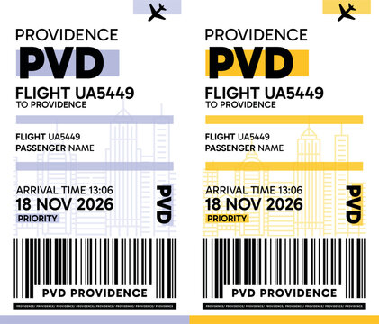 PVD, Providence, USA luggage label, boarding pass template. Vector minimalist illustration with airport code, city destination, flight info. Flat, modern image layout