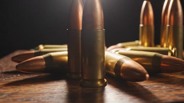Close-up view of llic bullets and ammunition scattered on a wooden surface