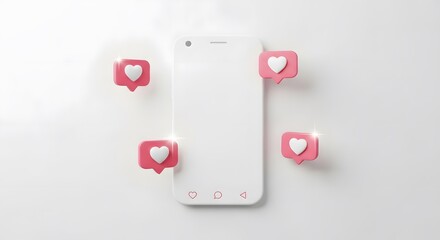 A white smartphone surrounded by pink and white heart icons on a clean background