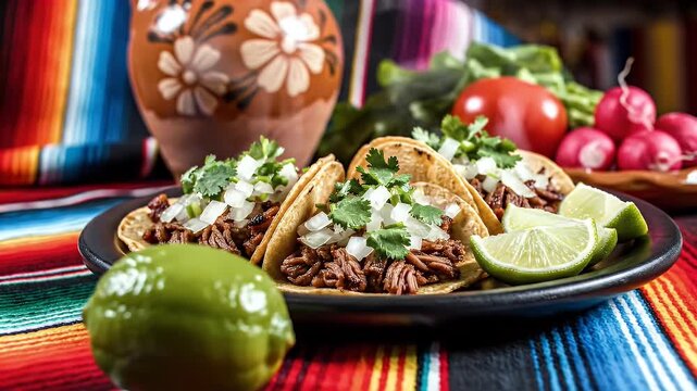 Delicious beef tacos with fresh lime on colorful Mexican textile