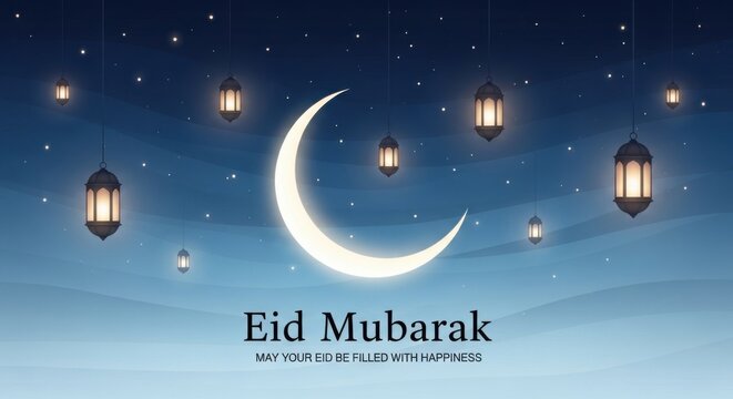 A radiant crescent moon and glowing lanterns celebrate eid mubarak