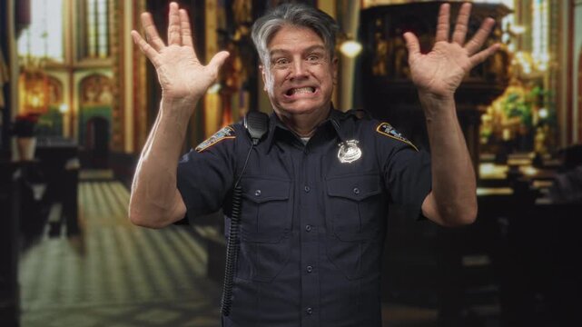 Police officer man middle aged grey hair, badge and radio visible, raises both hands with open palms amid ornate interior of a building; anxiety urgency.