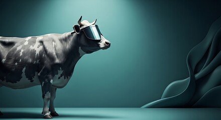 Obraz premium A futuristic cow wearing sleek, reflective goggles stands in a minimalist teal studio with dramatic lighting and draped fabric.