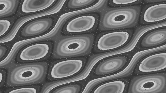 A grayscale, rippled pattern featuring oval shapes with concentric rings and speckled texture