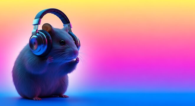A cute hamster wearing blue headphones against a vibrant gradient background of yellow, orange, pink, purple, and blue, listening to music.