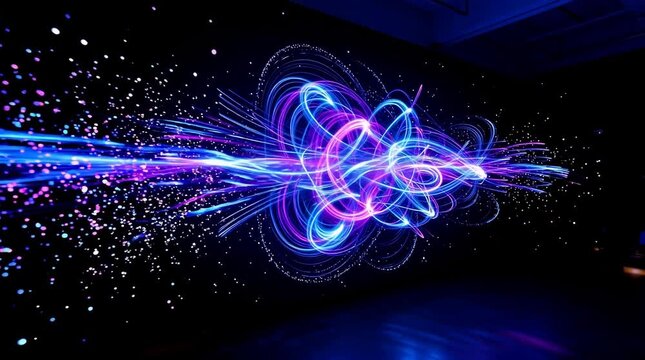 Vibrant neon light trails swirling in a dark abstract space