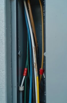 Electrical power conduits are bundled inside a wall wireway. Various colored cables are secured with red clips, forming an organized system for energy distribution.