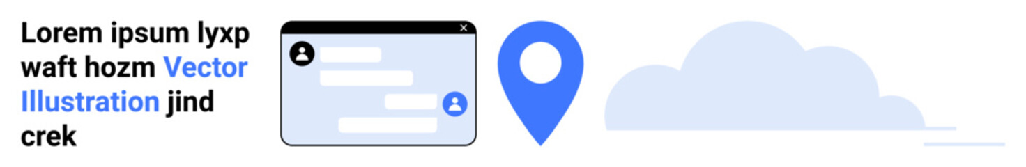 Obraz premium Digital communication, geolocation services, online connectivity, data storage, social networking, map navigation. Chat interface, a location pin and cloud icon. Digital communication