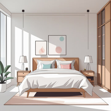A minimalist illustration of a modern bedroom with a large bed and wooden furniture