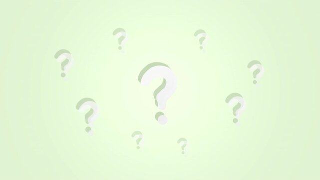 Circular question marks drift across a light green field