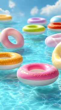 colorful inflatable donut shaped pool floats floating on clear blue water on sunny day