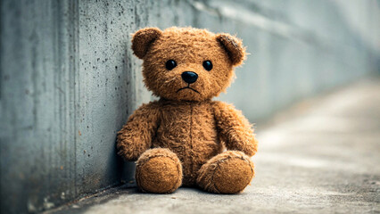 Obraz premium Sad brown teddy bear sits alone leaning against a textured outdoor wall surface.