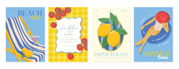 Italy summer party invitation card vector. Italian poster with lemon, leaves, lobster, wine, cheese, tomato, crab, shell in line art. Design for wedding card, greeting card, cover, poster. © babeer