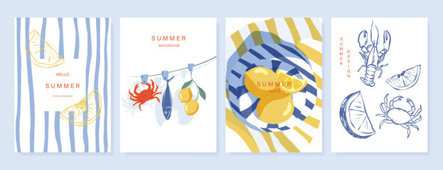 Italy summer party invitation card vector. Italian poster with lemon, leaves, lobster, wine, cheese, tomato, crab, shell in line art. Design for wedding card, greeting card, cover, poster. © babeer