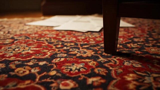 Close up of ornate Persian rug featuring red and blue designs on floor.