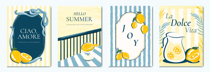 Italy summer party invitation card vector. Italian poster with lemon, leaves, lobster, wine, cheese, tomato, crab, shell in line art. Design for wedding card, greeting card, cover, poster. © babeer