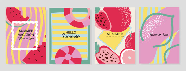 summer party invitation card vector. poster with Fruit , leaves, lobster, wine, cheese, tomato, crab, shell in line art. Design for wedding card, greeting card, cover, poster. © babeer