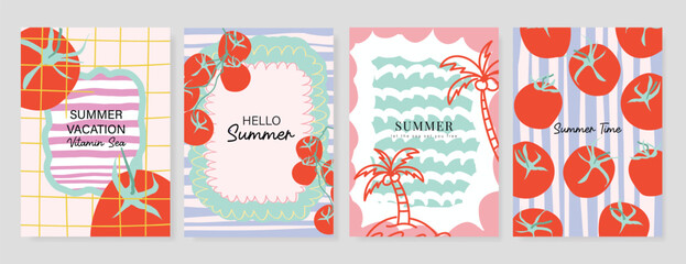 summer party invitation card vector. poster with Fruit , leaves, lobster, wine, cheese, tomato, crab, shell in line art. Design for wedding card, greeting card, cover, poster. © babeer