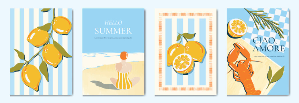 Italy summer party invitation card vector. Italian poster with lemon, leaves, lobster, wine, cheese, tomato, crab, shell in line art. Design for wedding card, greeting card, cover, poster.