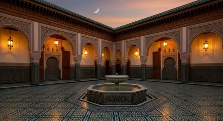 Obraz premium Serene Moroccan Riad Courtyard Featuring Intricate Tiling, a Central Fountain, and Warm Lantern Light Under a Twilight Sky