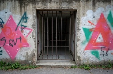 Fototapeta premium Grille gate covers entrance to dark underground passage. Concrete wall shows graffiti art, triangles pink green. Overgrown weeds sprout by pavement.