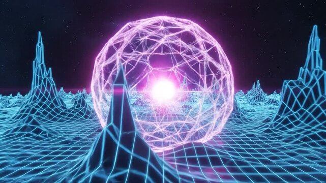 Retro futuristic synthwave landscape with a glowing neon grid.