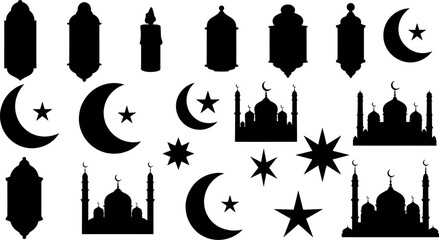 Islamic architecture and symbols silhouettes including mosques minarets crescent moons stars © Badhon