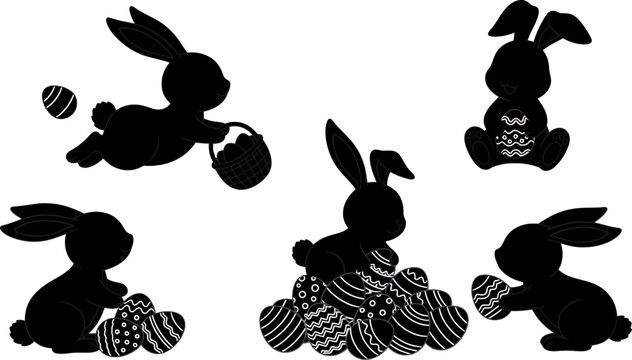 Black silhouettes of bunnies and Easter eggs on white background