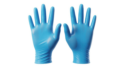 Obraz premium Blue rubber gloves in protective gesture with bright studio lighting on white background for medical or industrial use