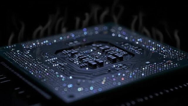 Close-up of modern CPU Processor Chip, technology, computer, electronics, hardware, and microchip on black background.