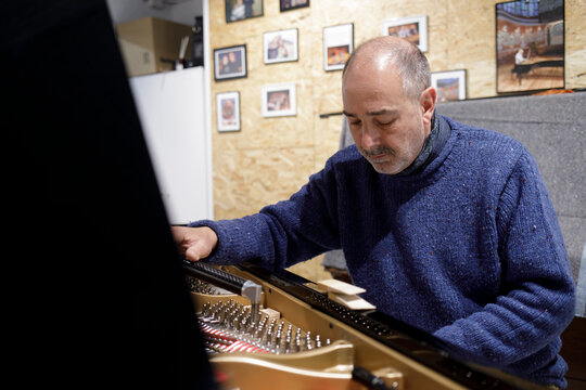 Piano technician tuning grand piano strings