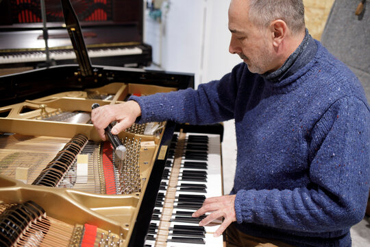 Piano technician tuning grand piano strings