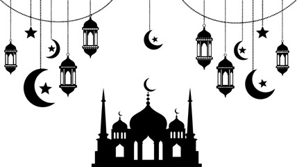 Islamic ramadan mosque silhouette with hanging lanterns crescent moons and stars © Badhon