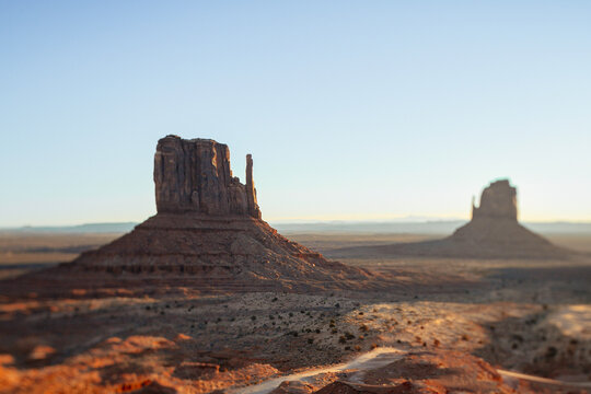 Selective focus view of Monument Valley mittens