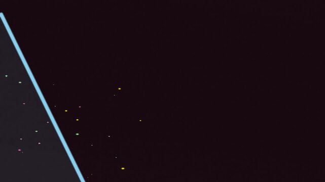 Geometric shape with light blue border and scattered multi-colored dots on dark background