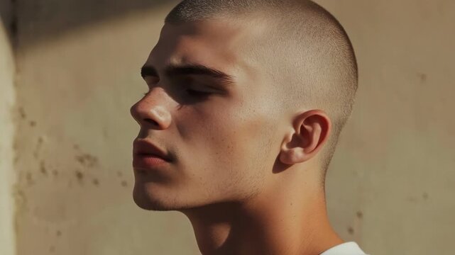 Close-up profile of a serious young man with a buzz cut standing in the sunlight